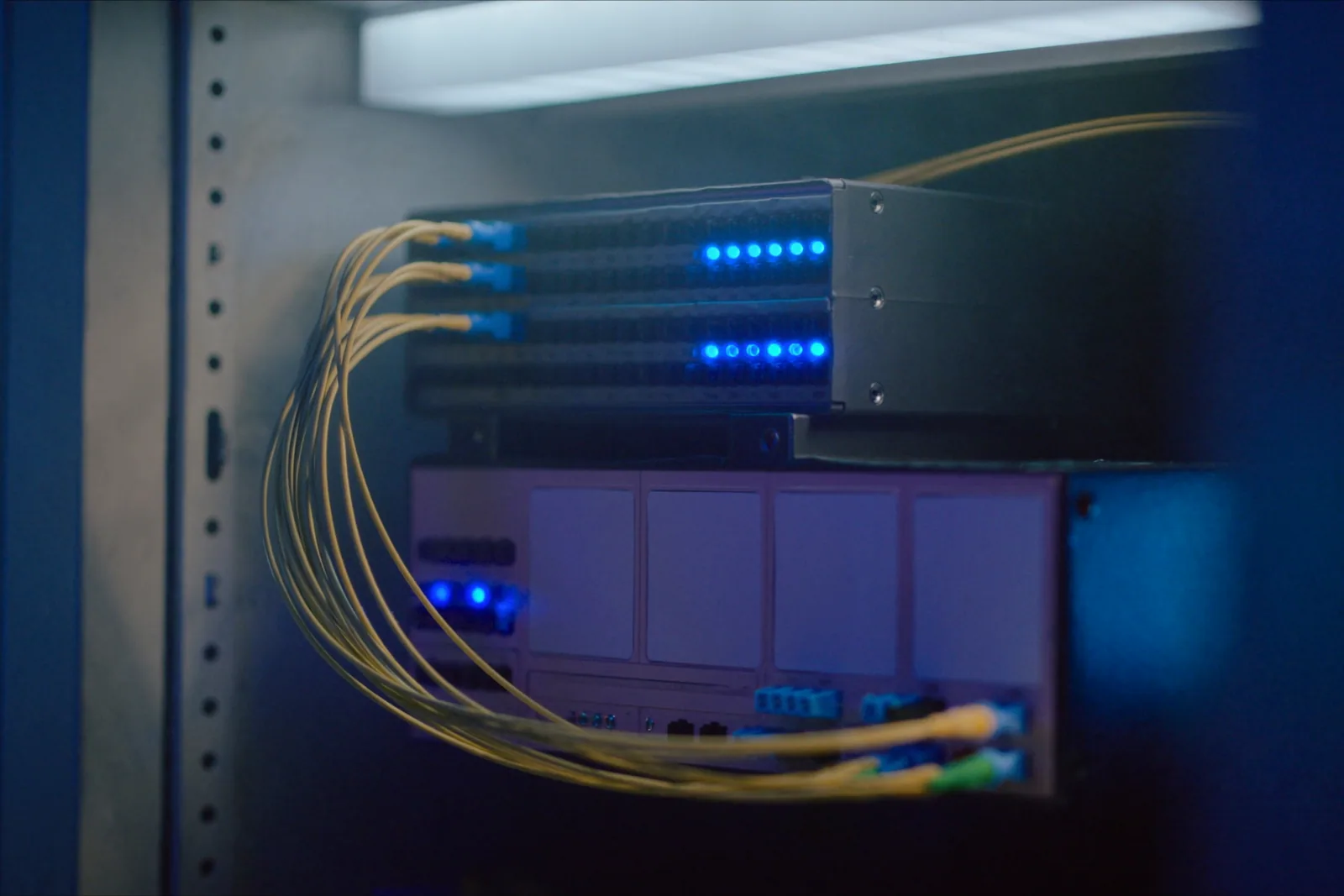 Yellow fibre patch leads dressed into a network switch in a dark rack, status lights on